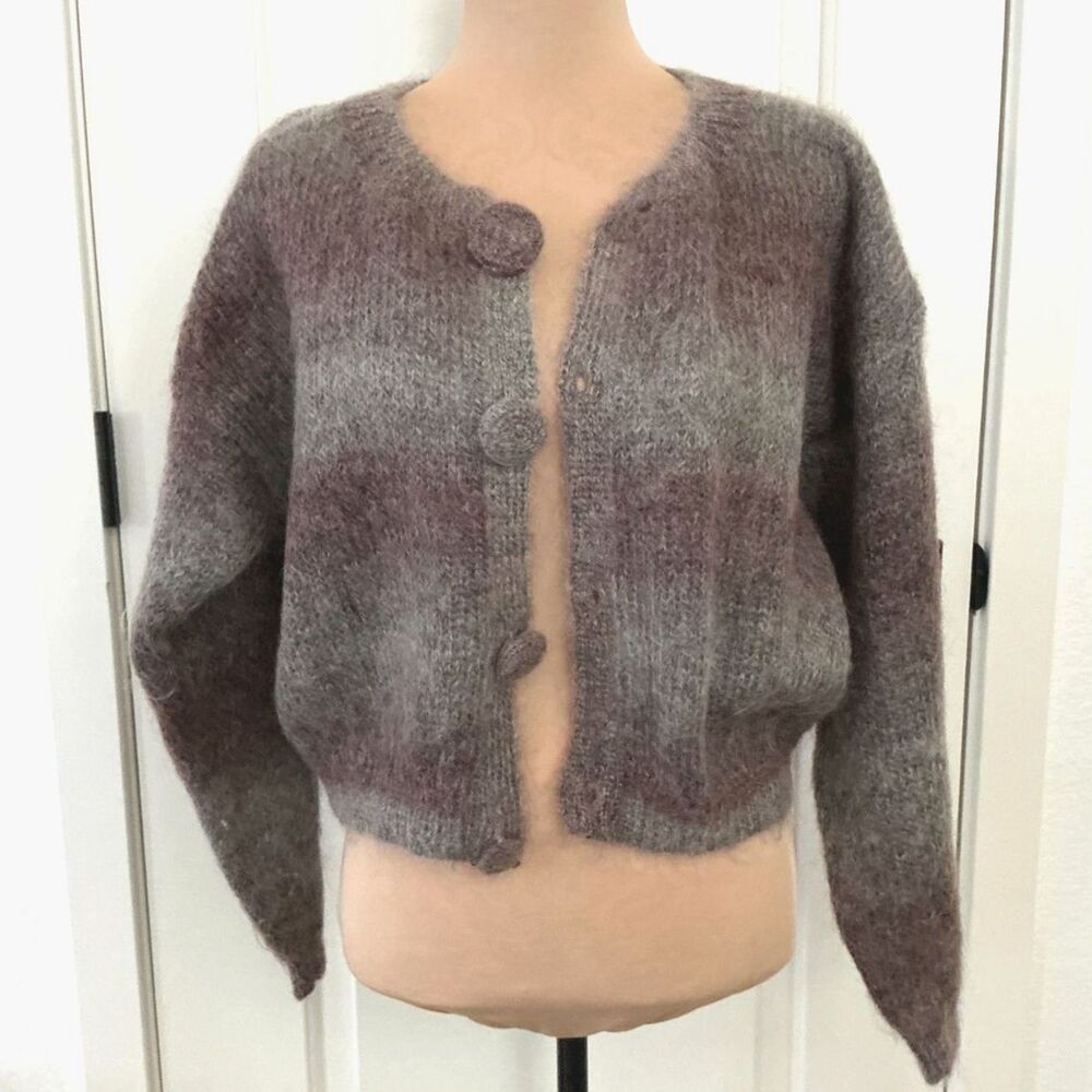 Vintage Paul Et Duffier Mohair Wool Cardigan L Brown Gray Fuzzy Cropped